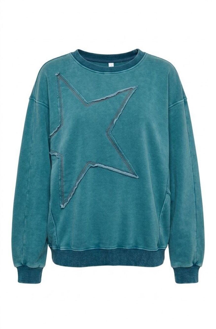 E1977. Easel Seaside Teal Oversized Star Patch Front Washed Terry Crewneck